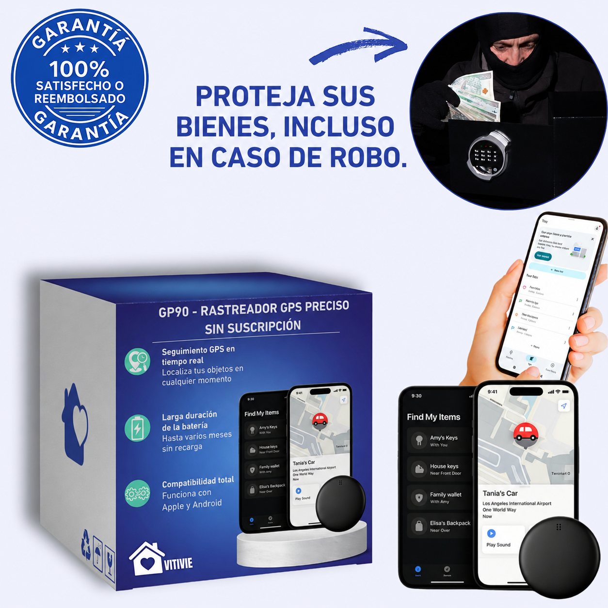 GP90 - Rastreador GPS preciso sin suscripción (Android/Apple)